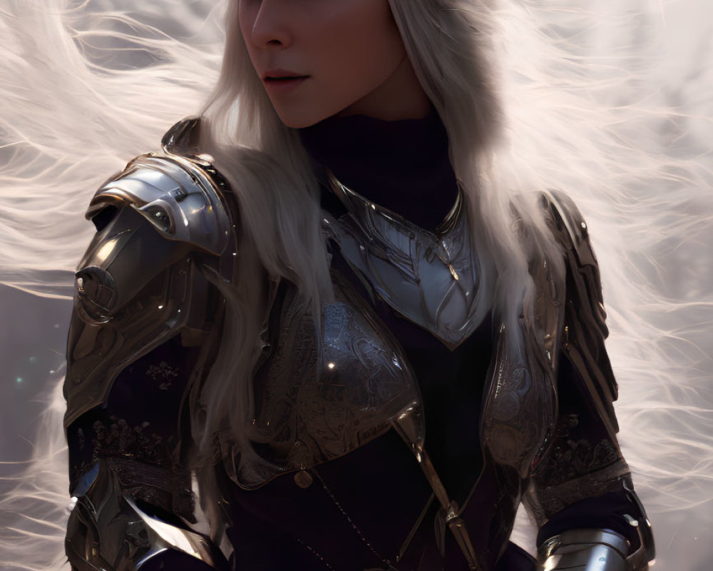 Silver-Haired Female Warrior in Shining Armor Stands with Intense Gaze