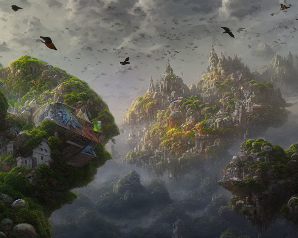 Mystical floating islands with lush greenery and ancient ruins surrounded by soaring birds