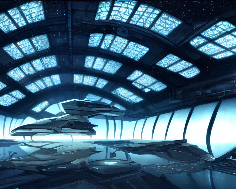 Futuristic Spaceship Hangar with Sleek Craft and Starry Cosmos View