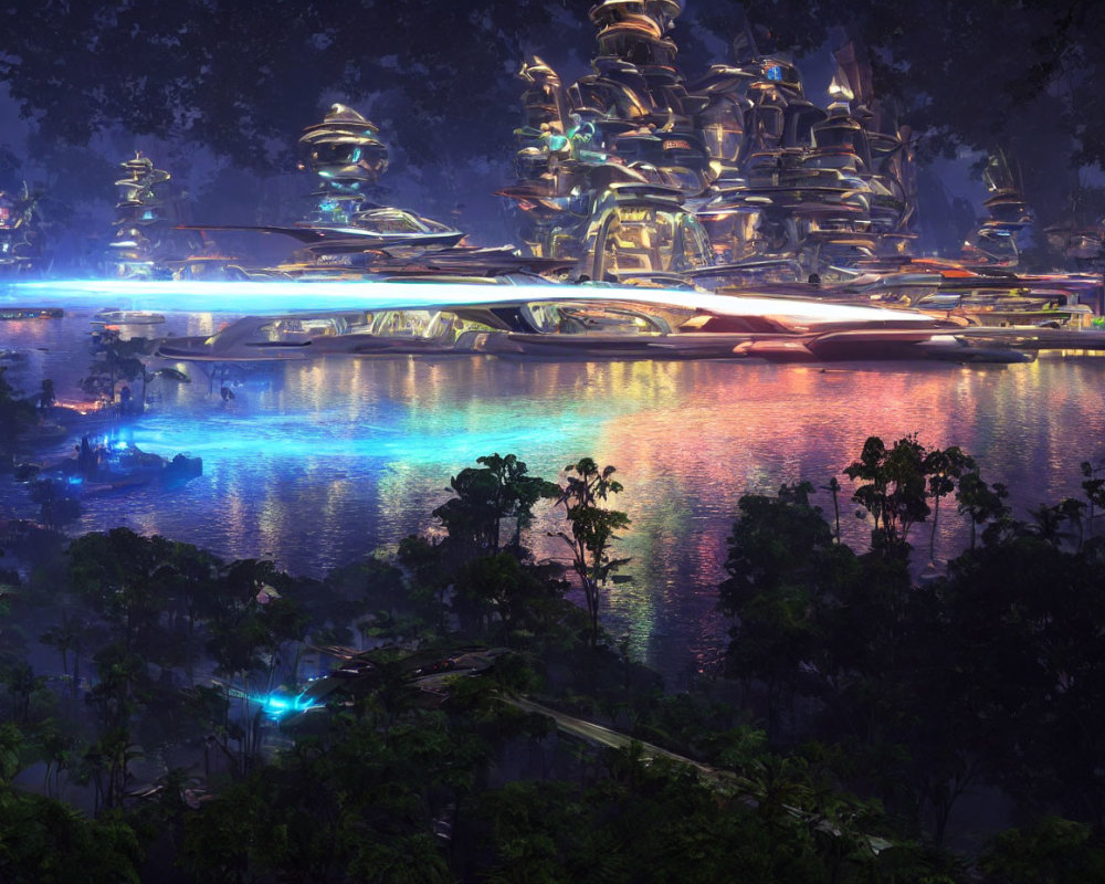 Futuristic city in lush forest at night with neon lights