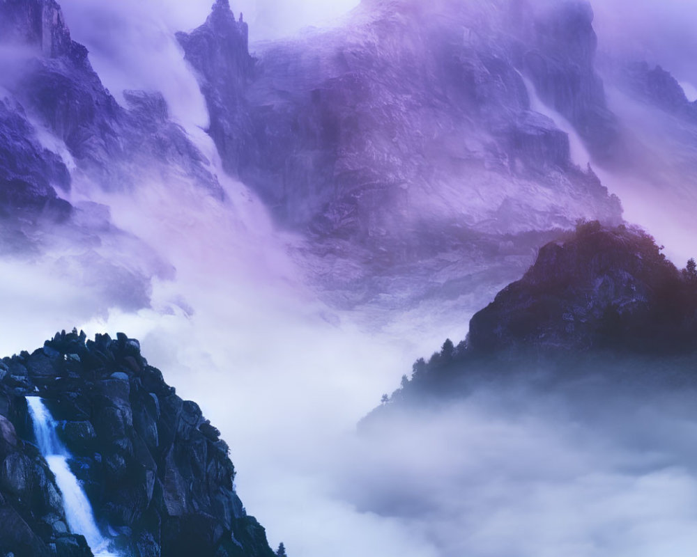 Mystical mountain landscape with purple-hued mist and waterfall.