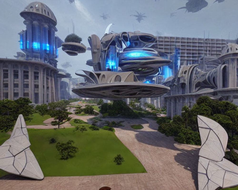 Futuristic city plaza with flying spacecraft and advanced architecture