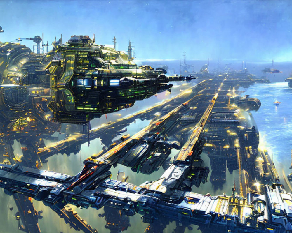 Futuristic spaceport with sleek starships and city backdrop