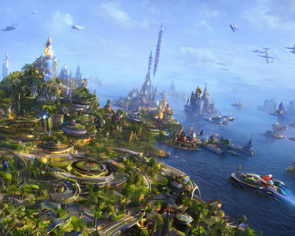 Futuristic cityscape with greenery, spires, and flying vehicles