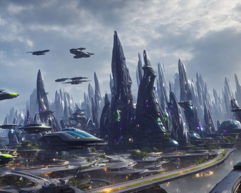 Futuristic cityscape with skyscrapers, flying vehicles, and greenery