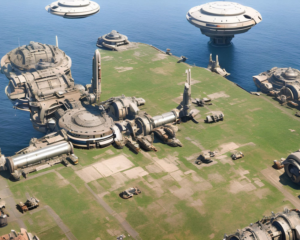 Futuristic offshore complex with dome-like structures and towers on platform.