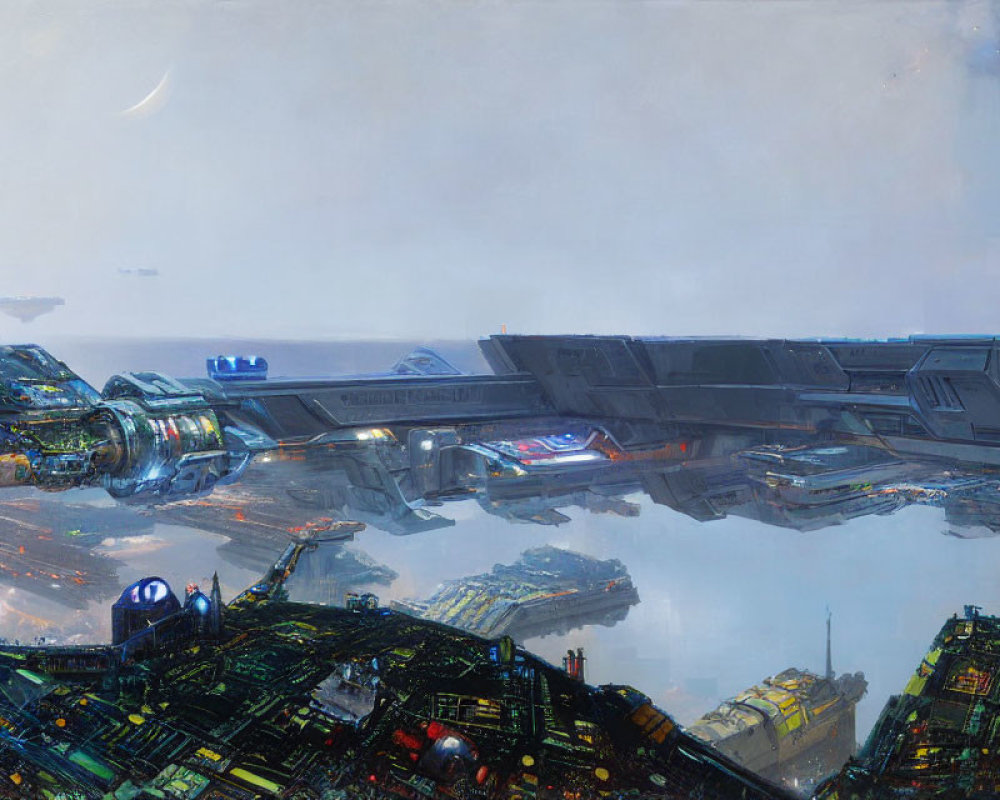 Futuristic cityscape with high-tech structures and flying vehicles.