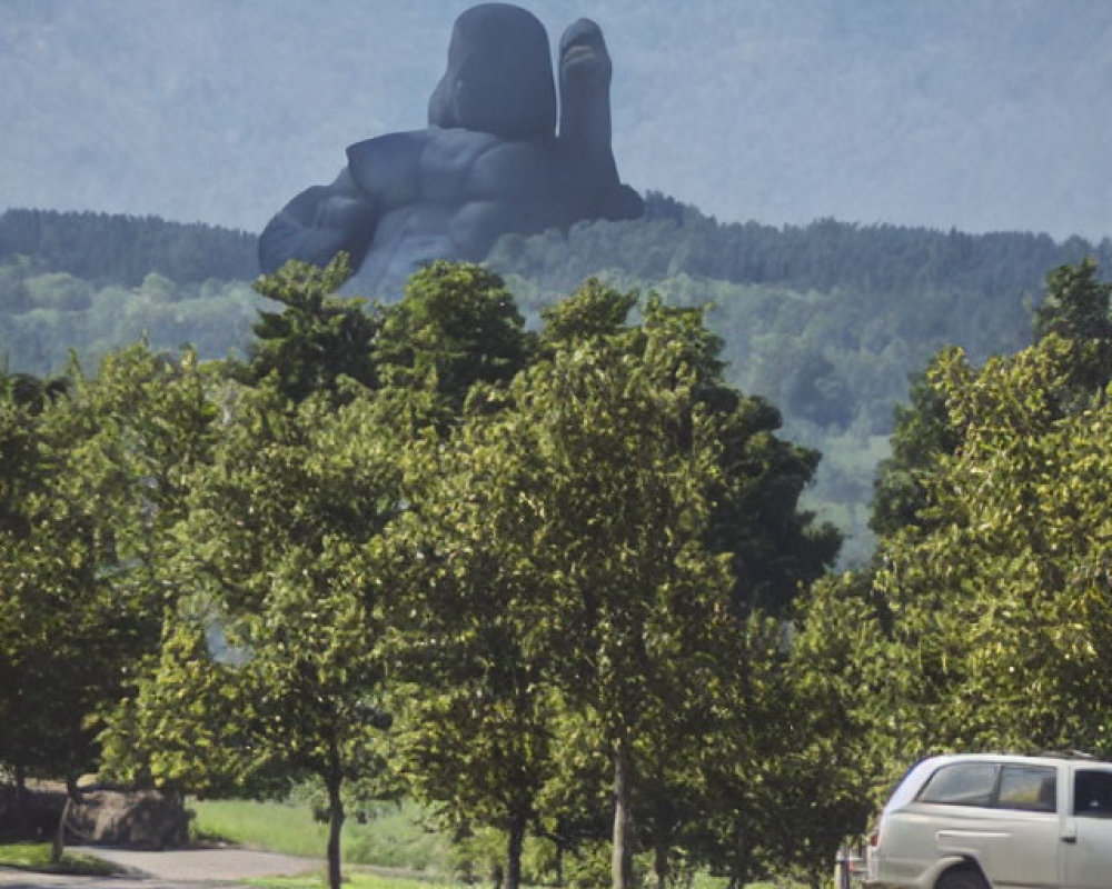 Reclined figure sculpture on hill with trees and van in foreground