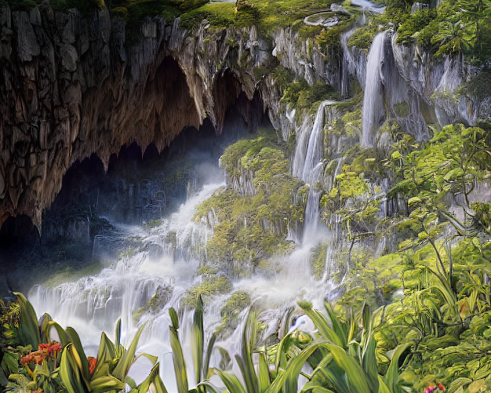 Scenic landscape with waterfalls, cavern, green foliage, and mountains