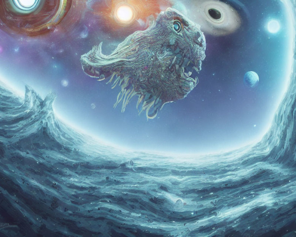 Colossal dragon-like creature in surreal cosmic ocean