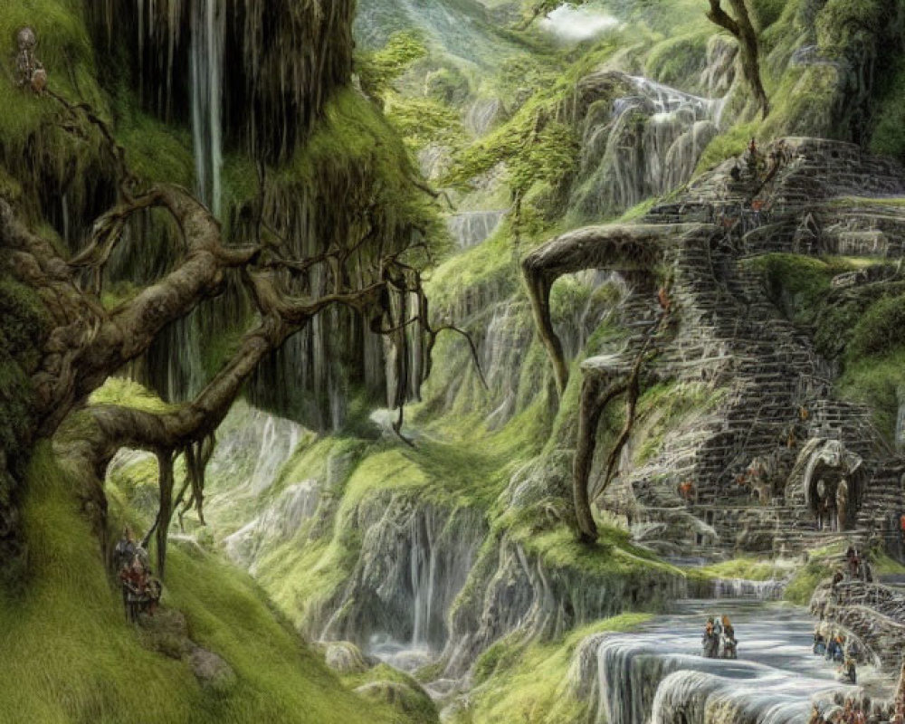 Fantasy landscape with lush greenery, waterfalls, rivers, and elves.