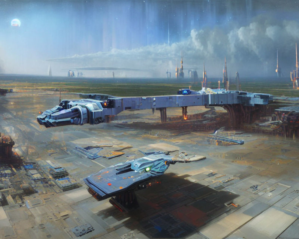 Futuristic spaceport with ships, platforms, and towering structures under hazy sky