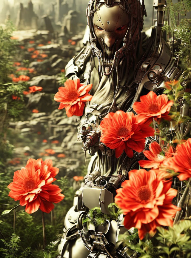 Robotic figure with red flowers and cityscape backdrop