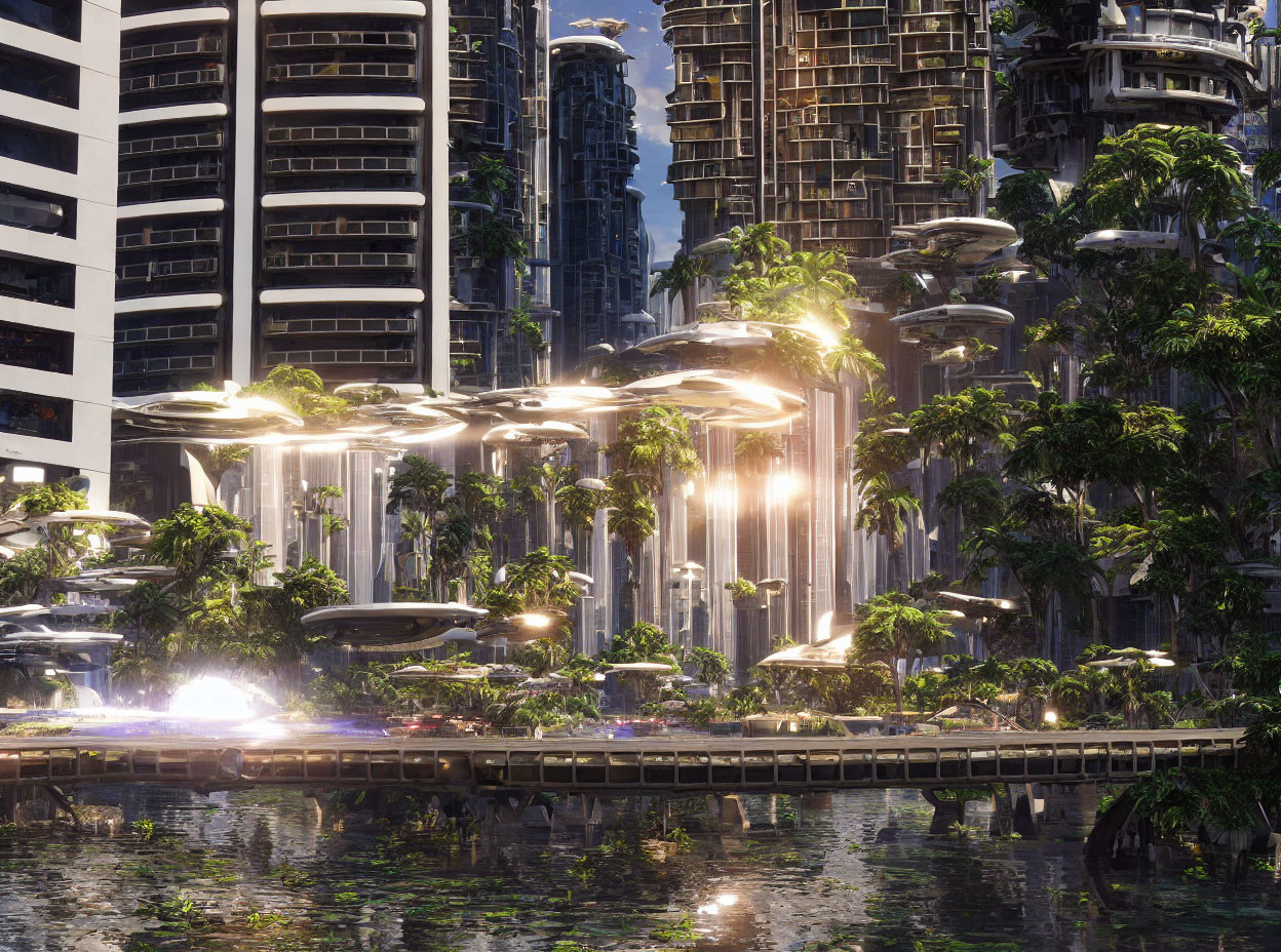 Futuristic cityscape with vertical gardens and glowing structures at dusk