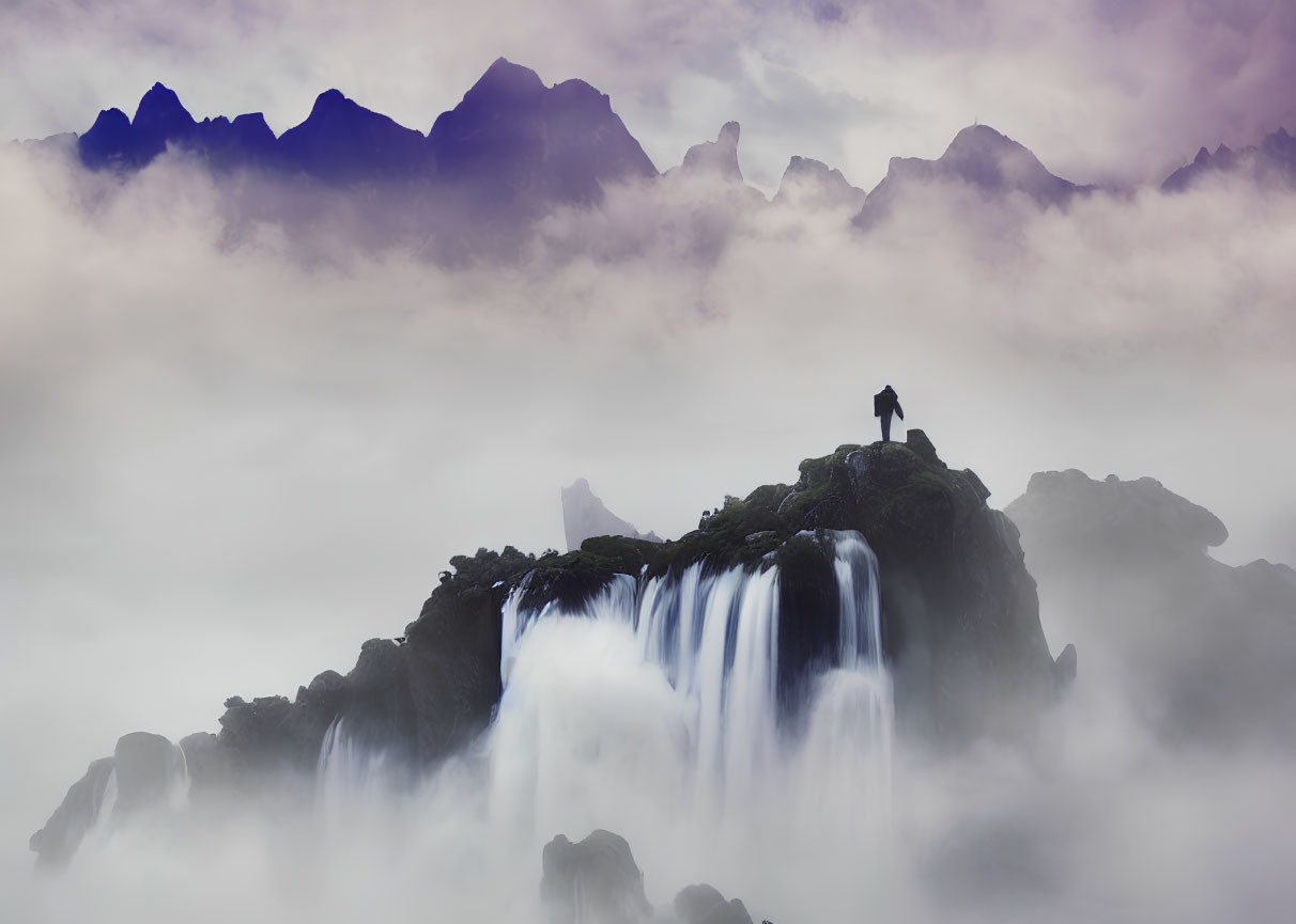 Person overlooking waterfall and mountain peaks.