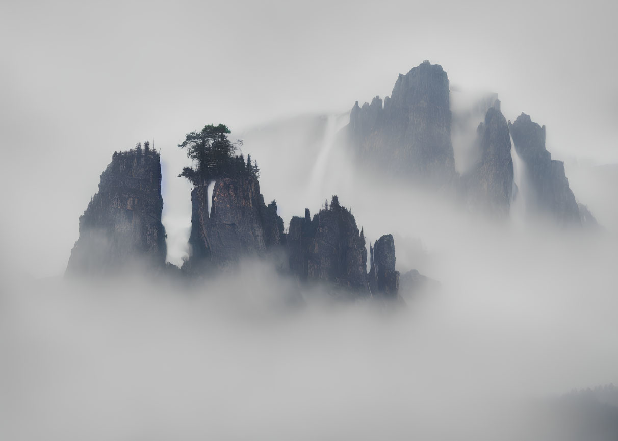 Ethereal landscape of misty mountain peaks and trees emerging from clouds