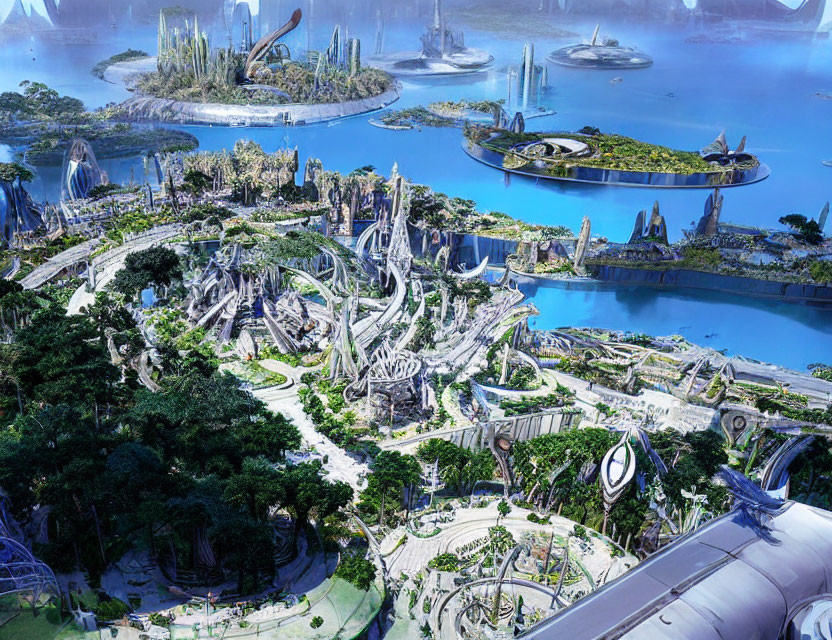 Futuristic cityscape with lush greenery, sleek architecture, towering structures, water bodies, and