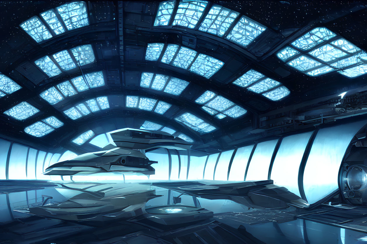 Futuristic Spaceship Hangar with Sleek Craft and Starry Cosmos View