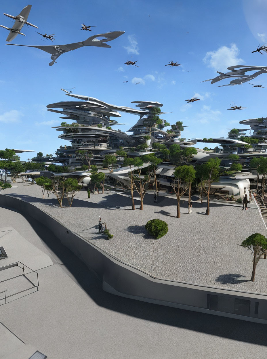 Futuristic cityscape with organic architecture, greenery, flying vehicles, and pedestrians.