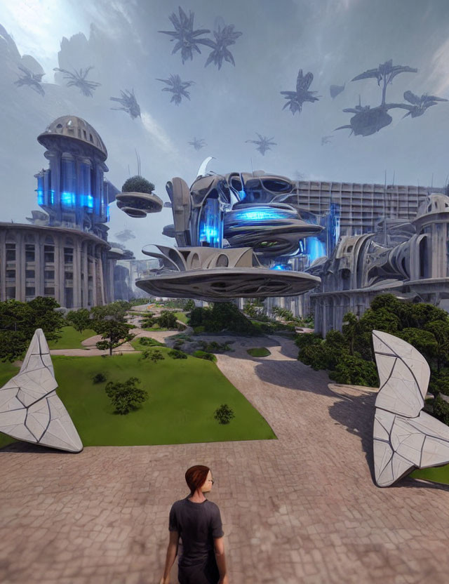 Futuristic city plaza with flying spacecraft and advanced architecture