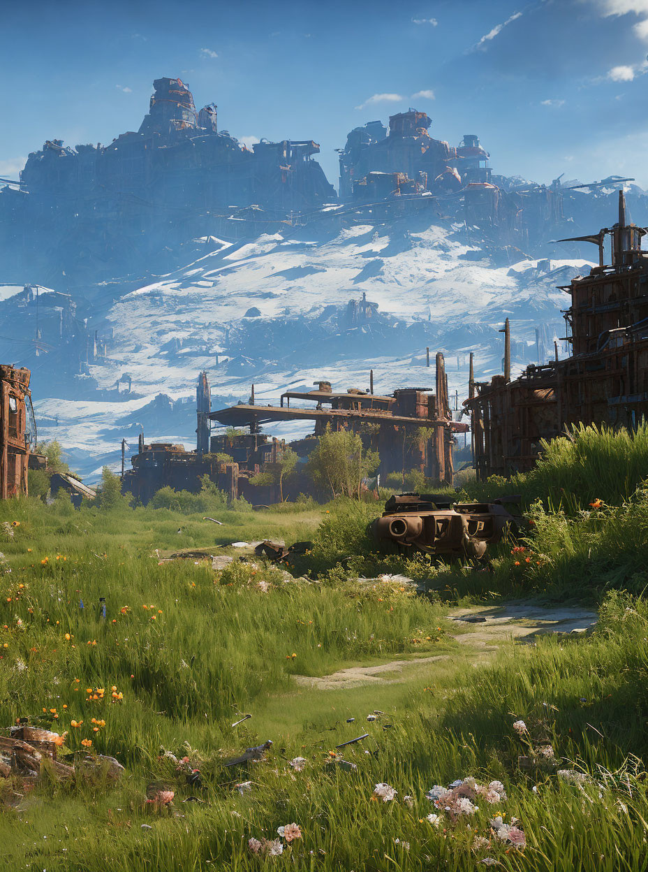 Rusty industrial ruins intertwined with serene nature scene