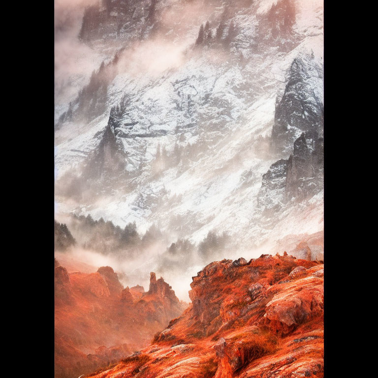 Snow-covered mountain slopes behind orange and red rocky foreground