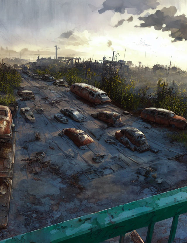 Desolate Post-Apocalyptic Highway with Rusted Cars