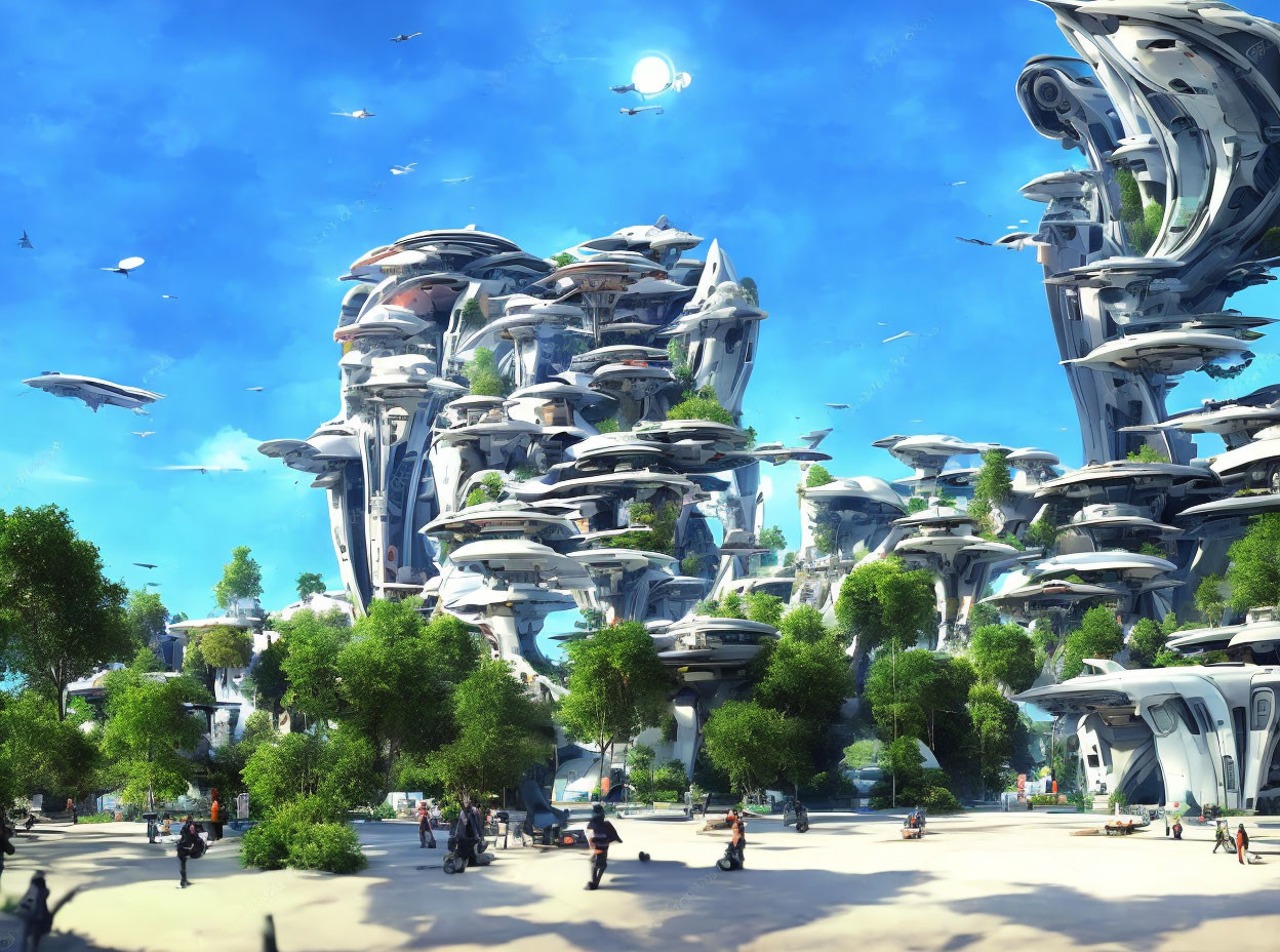 Futuristic cityscape with greenery, advanced architecture, flying vehicles, and serene atmosphere