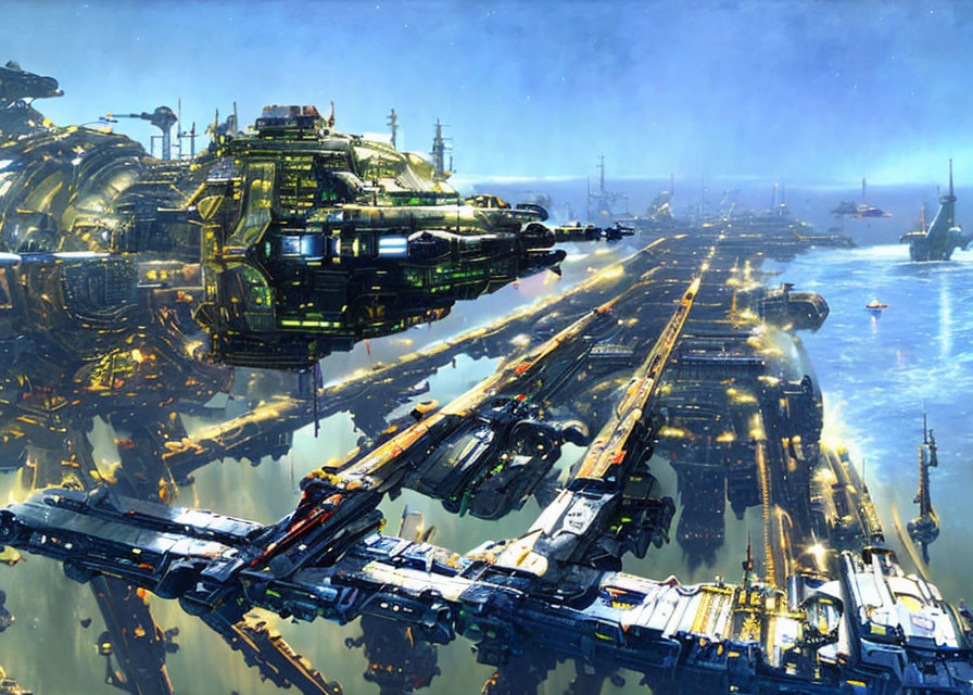 Futuristic spaceport with sleek starships and city backdrop