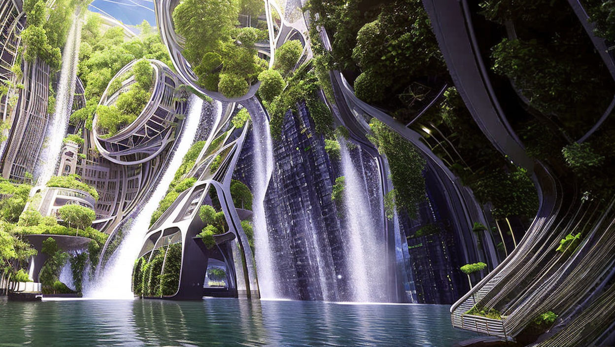 Futuristic cityscape with greenery, skyscrapers, waterfalls, and eco-friendly architecture