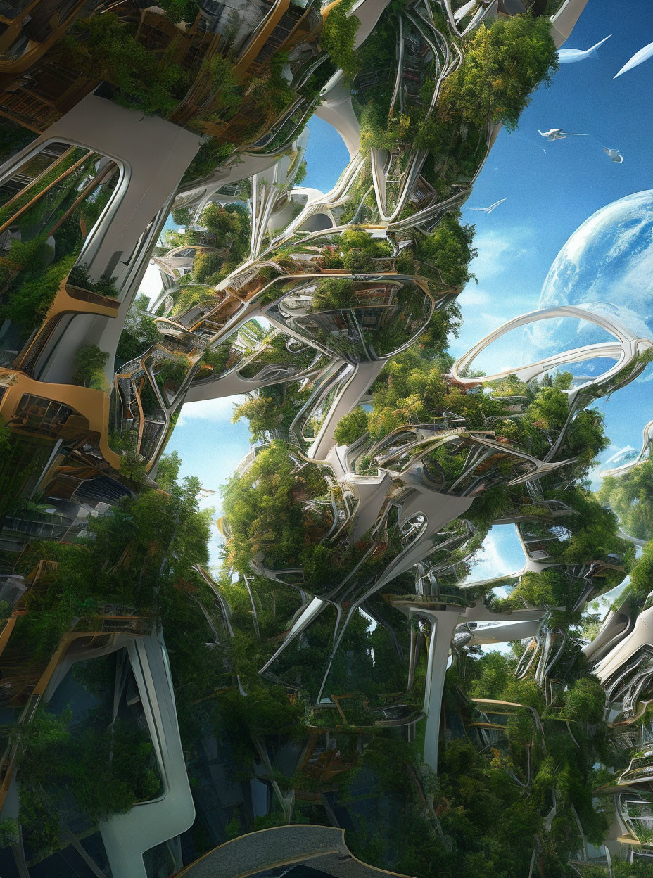 Interconnected roads in futuristic city with greenery, blue planet backdrop