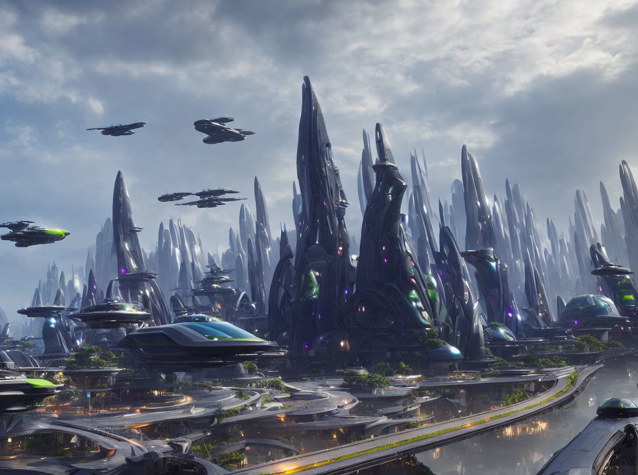 Futuristic cityscape with skyscrapers, flying vehicles, and greenery