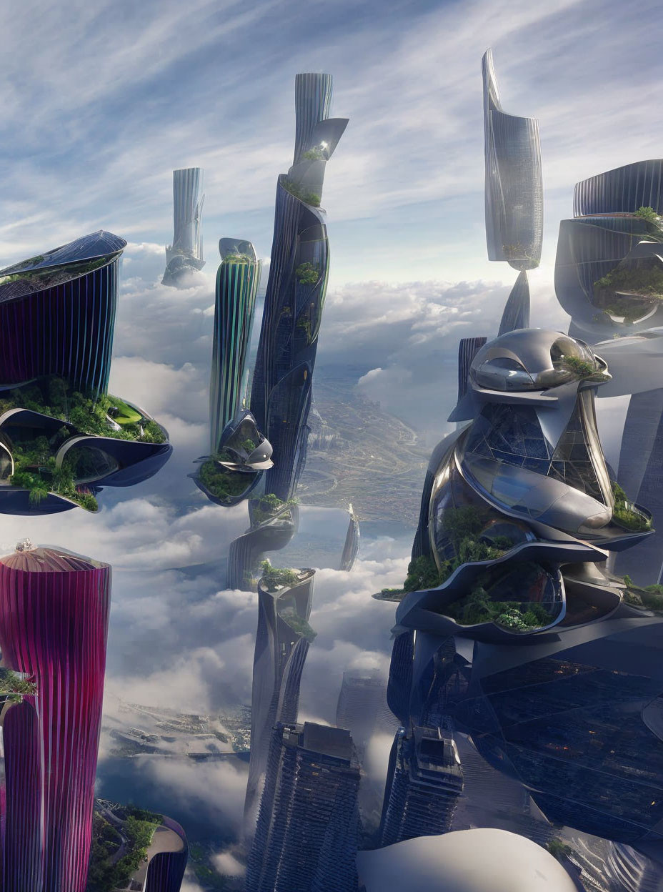 Futuristic sky city with towering organic skyscrapers and lush green facades