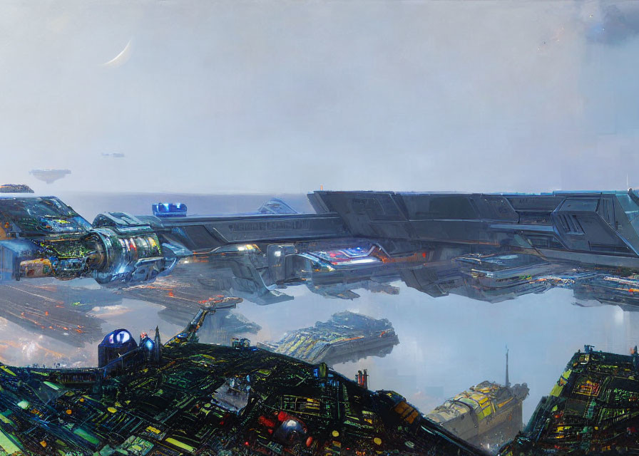 Futuristic cityscape with high-tech structures and flying vehicles.