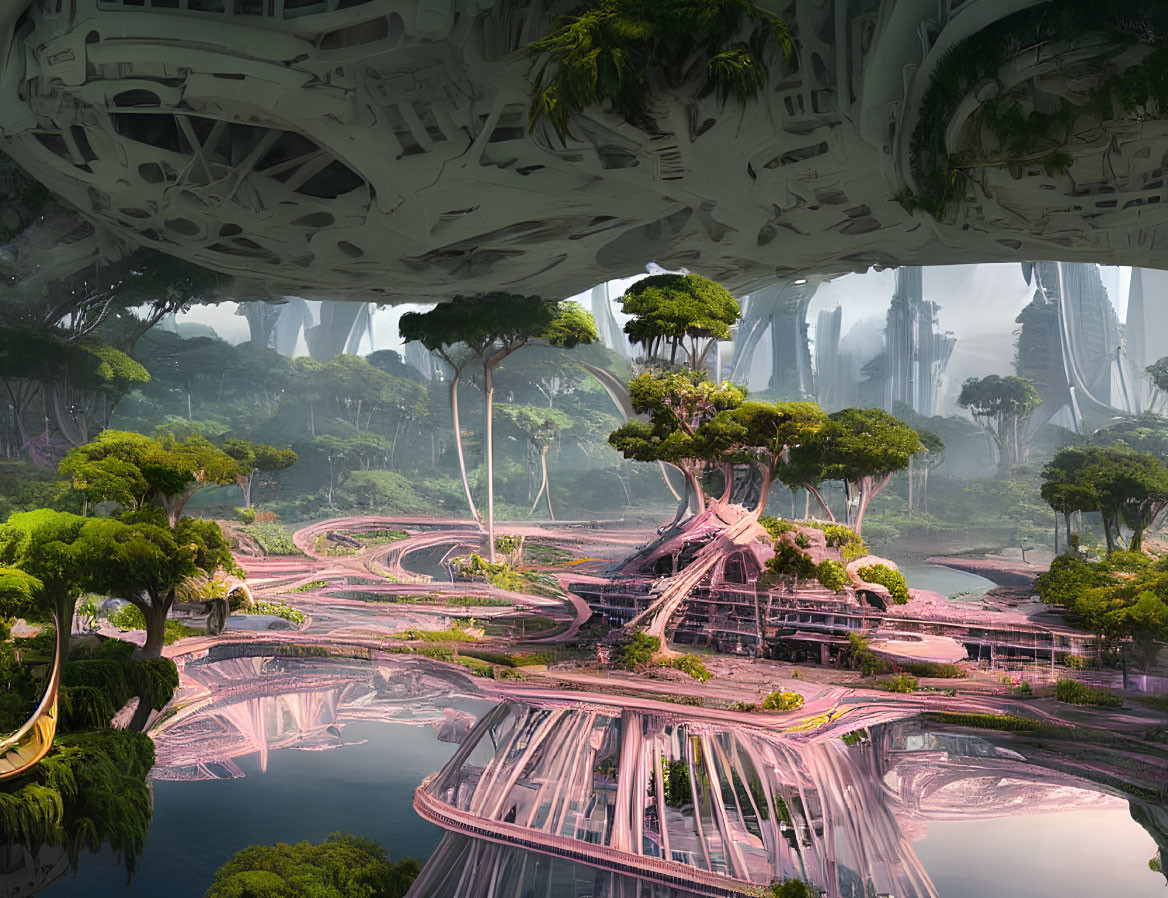 Futuristic city with organic architecture and lush greenery reflected in serene water