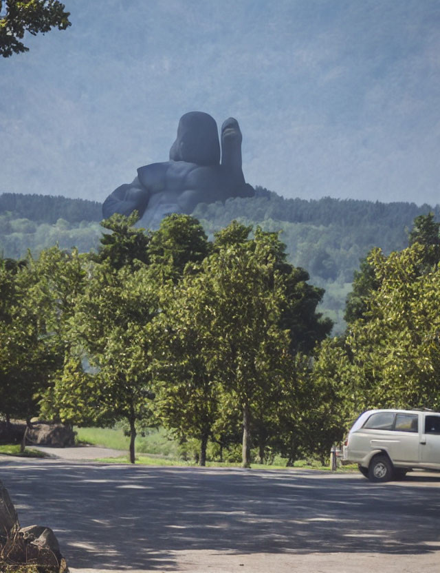 Reclined figure sculpture on hill with trees and van in foreground