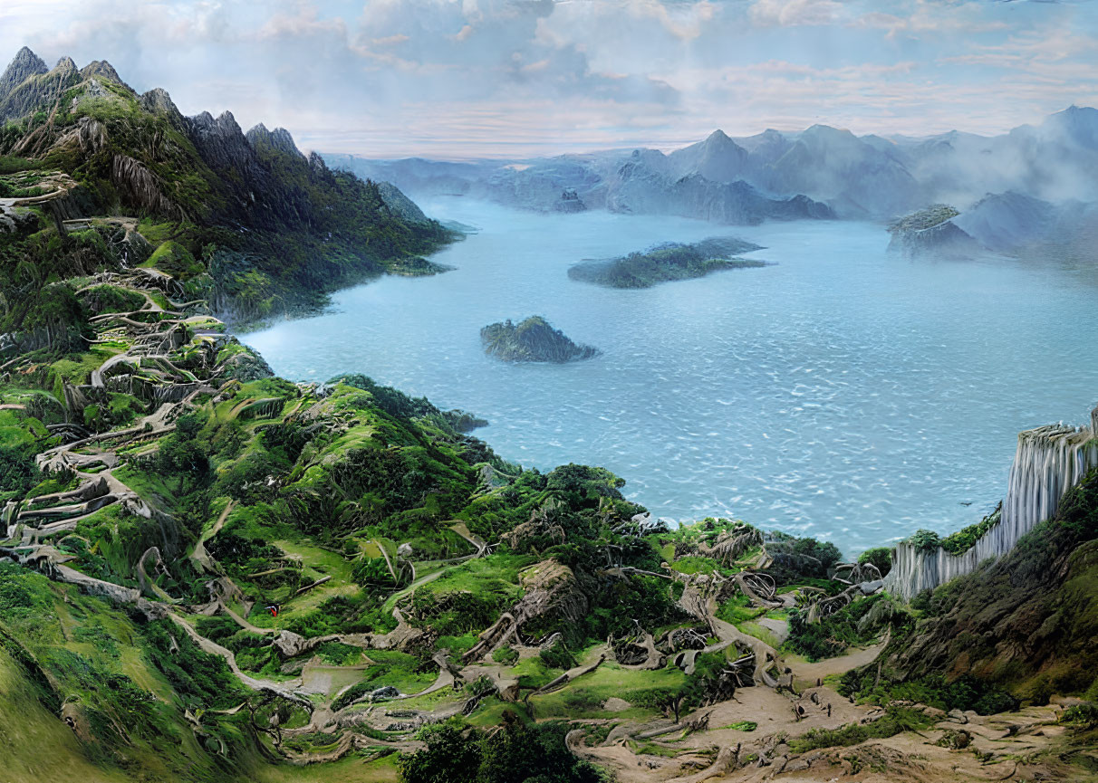 Lush greenery, winding paths, water body, islands, mountains, and waterfall