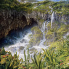 Scenic landscape with waterfalls, cavern, green foliage, and mountains