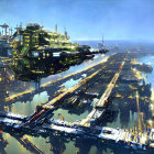 Futuristic spaceport with sleek starships and city backdrop