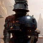 Futuristic tower with platforms and ships in orange sky