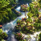 Lush jungle landscape with waterfalls and futuristic hovercraft