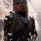 Silver-Haired Female Warrior in Shining Armor Stands with Intense Gaze