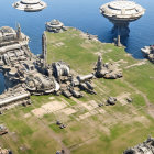 Futuristic offshore complex with dome-like structures and towers on platform.