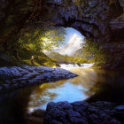 Tranquil landscape with person on rock near waterfall