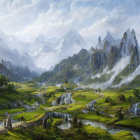 Mystical landscape with hills, waterfalls, river, castle, mountains, and soft-lit