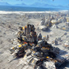 Futuristic industrial landscape with massive robots and multiple planets in the sky