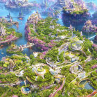 Futuristic cityscape with greenery, floating islands, and crystal-clear water.