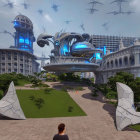 Futuristic city plaza with flying spacecraft and advanced architecture