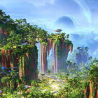 Futuristic jungle with waterfalls, cliffs, sci-fi structures, and flying vehicles