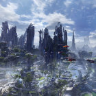 Futuristic cityscape with skyscrapers, gardens, flying vehicles, and cloudy sky.